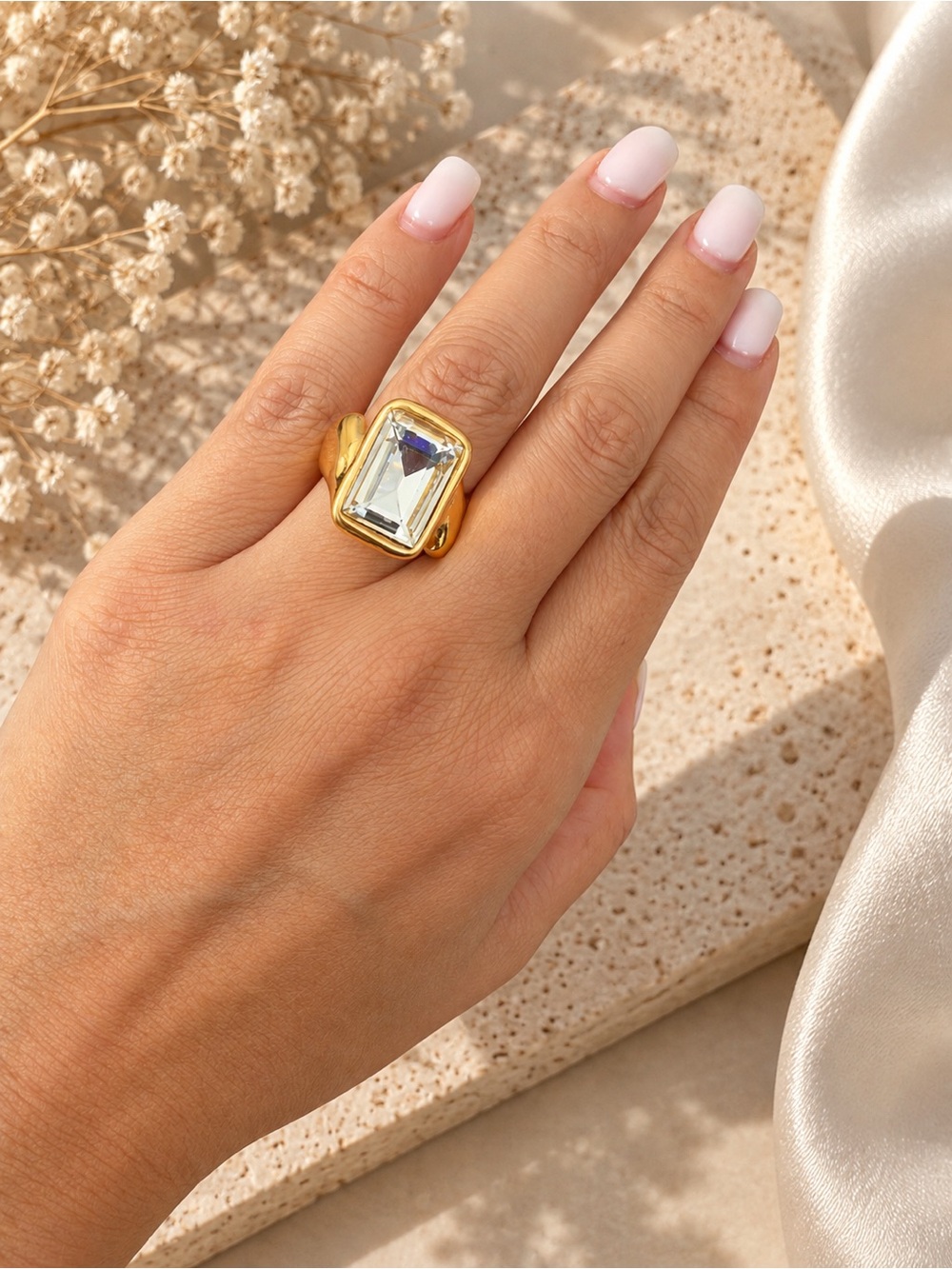 Gold Statement Ring with Rectangular Clear Stone